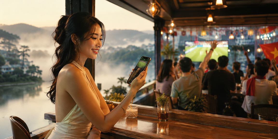 Không khí lễ hội casino di động tại Đà Lạt với người chơi đang tham gia mini game trực tuyến